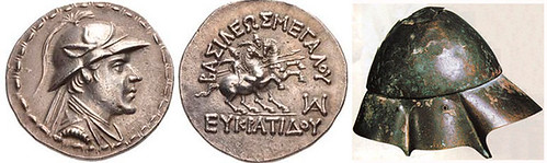 Baktrian tetradrachm with Eukratides wearing a Boeotian helmet