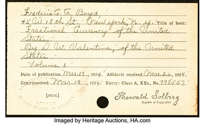 Heritage LII Sale Lot 94034 Valentine Fractional Book 1924 Copyright Card back
