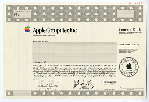 587. Apple Computer, Inc. 1988 Specimen Stock Certificate
