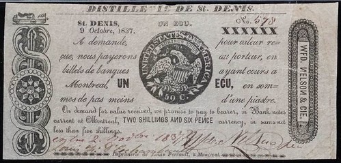 1837 Distillerie de St. Denis 1 Ecu Note