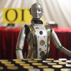 DALL·E 2022-09-30 17.31.48 - Gort the Robot walking through a coin show