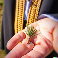 DALL·E 2022-09-30 17.27.52 - Pine tree shilling in palm of pilgrim's hand on Thanksgiving