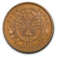 1837 Lower Canada Habitant City Bank Half Penny Token reverse
