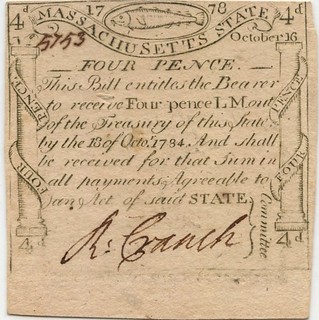1778 Massachusetts Colonial Note Four Pence face