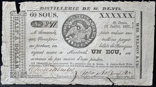 Canada Distillerie de St. Denis; 1837 1 ecu
