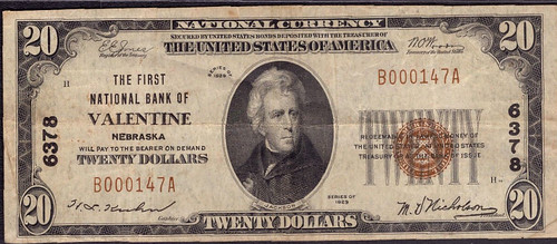 Valentine nebraska National Bank note $20