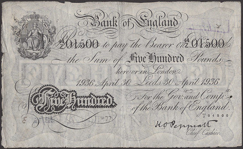 Lot 266 - rare £500 note from the Bank of England branch in Leeds please credit Noonans