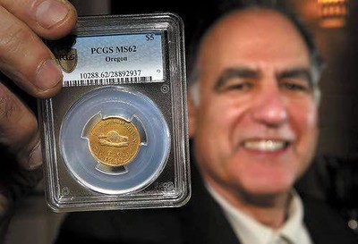 David Nelkin displays 1849 Oregon Five Dollar Gold Beaver coin