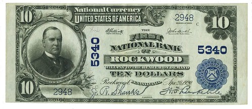 1902 $10 national bank note Rockwood PA
