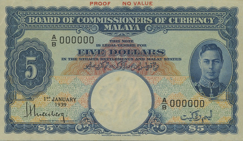 lot 105 - Board of Commissioners of Currency, Malaya, a proof set of the 1 January 1939 series - please credit Noonans 2