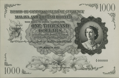 Lot135 - Board of Commissioners of Currency, Malaya and British Borneo, De La Rue archival photographs showing designs for a proposed issue of 1000 - please credit Noonans