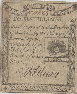 Massachusetts colonial note 4 shillings front