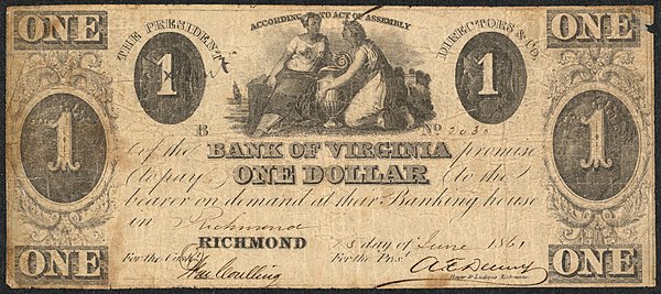1861 Bank of Virginia 1 dollar banknote