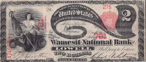 WBNA US4 Sale Lot 4102 Lowell, MA Wamesit National Banknote 2 Dollars