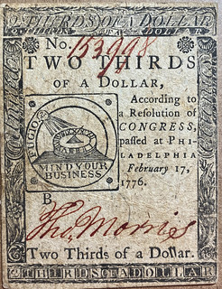 Morris signed Continental Currency note two-thirds dollar