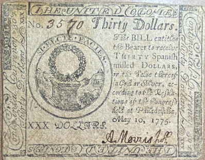 Morris signed Continental Currency note Thirty Dollars