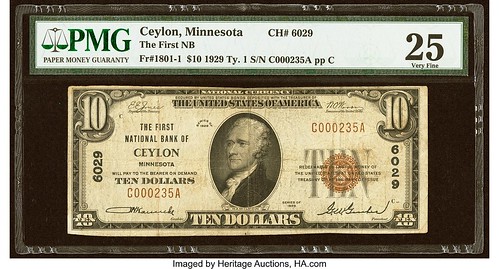 First National Bank of Ceylon MN 1929 US$10