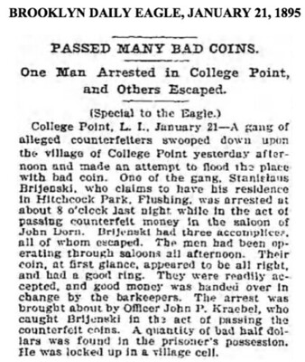 1895 College Point NY counterfeiter article