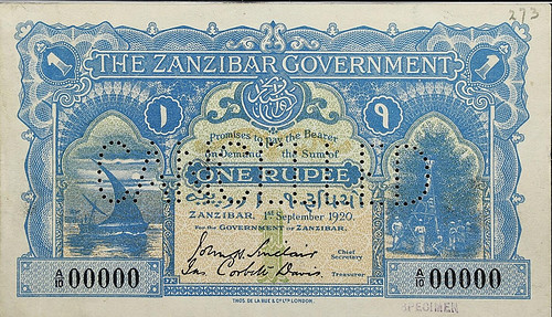 1920 Zanzibar 1 Rupee Specimen note