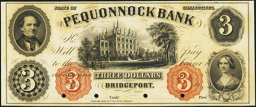 Jenny Lind on $3 Pequonnock Bank, Bridgeport CT banknote