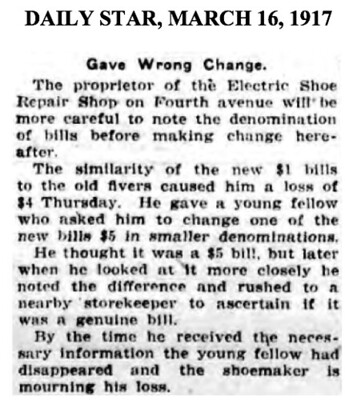 College Point Cobbler Gives Wrong Change for a Dollar 1917-03-16 Daily Star