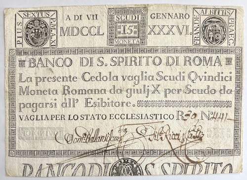 Vatican City Banco di Sancto Spirito di Roma 15 Scudi banknote front