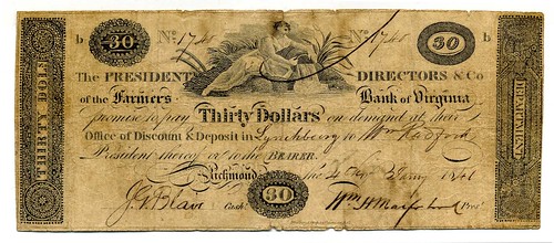 1841 Farmers Bank of Virginia $30 banknote