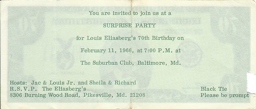 Louis Eliasberg's 70th Birthday Party invitation back