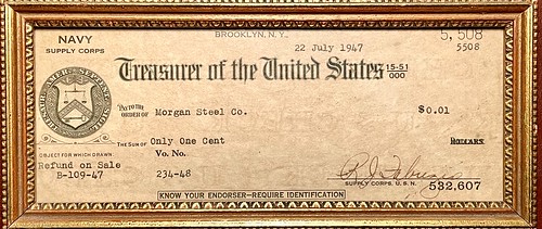 uncashed 1947 U.S. Treasury check to Morgan Steel