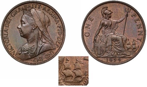 1894 Victoria Pattern Penny with sailing ship