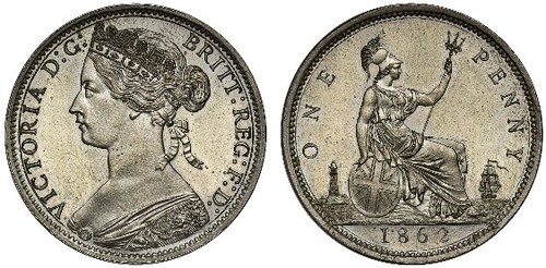 1862 Victoria Pattern Penny struck in Nickel Brass