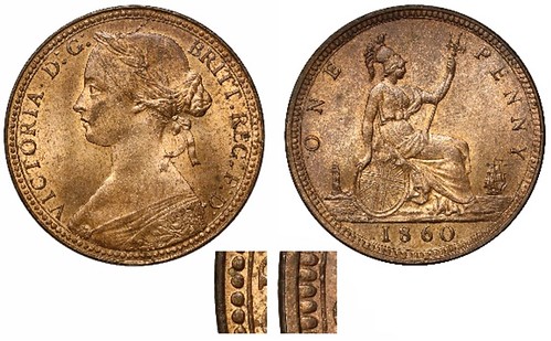 8. Victoria (1837-1901) Bronze Penny 1860 beaded rim : toothed rim mule