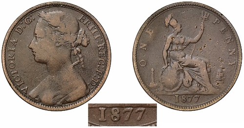 2. Victoria (1837-1901) Bronze Penny 1877 with narrow date figures