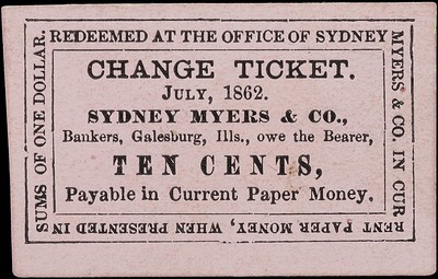 Richard Rossa cardboard scrip Galesburg 1862 Sydney Myers and Company front