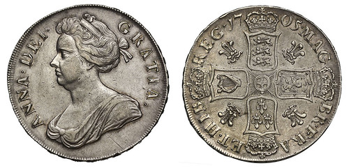 Sovereign Rarities Auction XVII Lot 061 Anne 1705 silver Pre-Union Crown plumes reverse