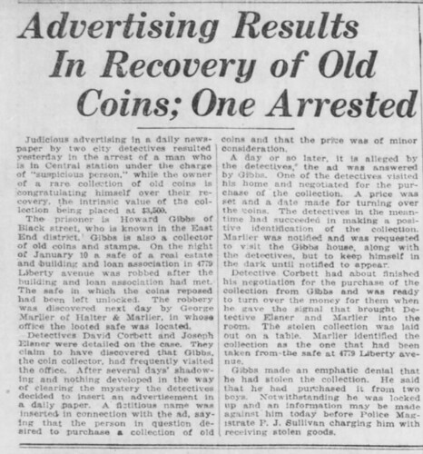 1919-03-27 Howard Gibbs arrested for $3,500 coin theft