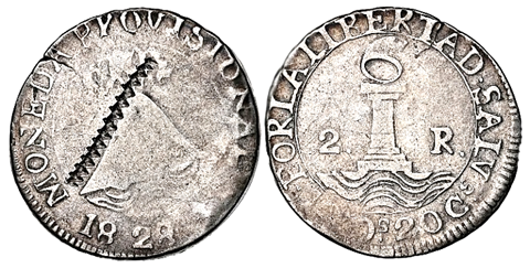 2-Real 1828-F Provisional coin of El Salvador with the Zig-Zag test mark