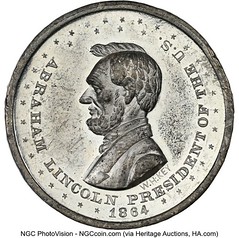 Heritage: Certified Tokens & Medals Item 4 Obverse 1865 Abraham Lincoln Political Medal MS62 Prooflike NGC. 