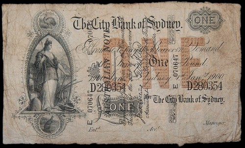 Noble Numismatics November 2025 Highlights Item 10 Obverse One pound, superscribed series, Collins/Allen (1910) E070647 on The City Bank of Sydney (R.S26).jpg