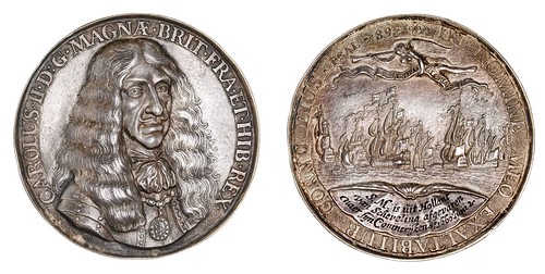 Noble Numismatics November 2025 Highlights Item 7 Obverse Charles II, Embarkation at Scheveningen 1660, in silver(68mm) by Pieter Van Abeele(M1.455/44; Eimer 210) Made from a pair of plates joined by a rim with a blow hole at the top and bottom, embossed