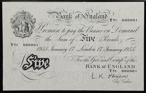 Stack's Bowers: Fall 2026 Maastricht Sale Item 5 Obverse GREAT BRITAIN. Bank of England. 5 Pounds, 17.1.1955. P-345. B275-276. Serial Number 1. PMG About Uncirculated 55 EPQ.jpg