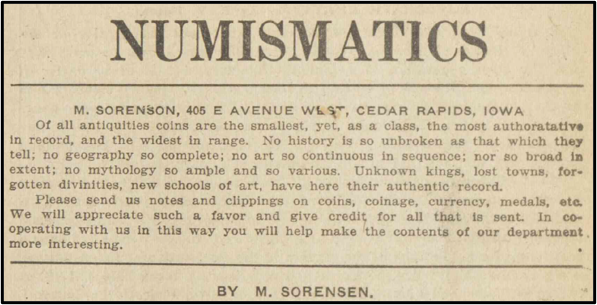Column Numismatics in The Philatelic West of January, 1922