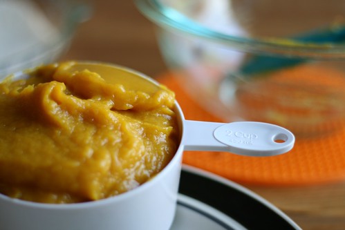 Foreground is a close up of a measuring cup slightly overfilled (but not overflowing) with squash puree. Background is a out-of-focus image of an empty glass bowl that's dirty enough to be clear it once held the squash puree.