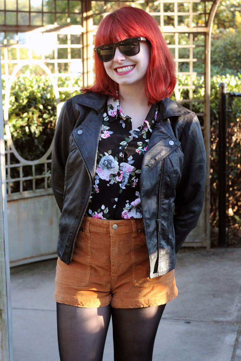 Outfit: Brown Corduroy Shorts, Floral Top, Black Leather Jacket, and ...