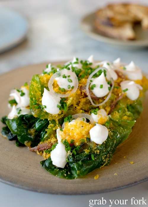 Cos lettuce, whipped roe, Ortiz anchovy and cured yolk at Cirrus Dining at Barangaroo Sydney
