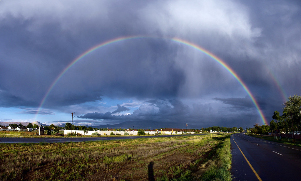 Rainbow after thunderstorm, next to KOA, Grand Junction, Colorado, September 17, 2011 (composite from four Pentax K-r photos using Autostitch)
