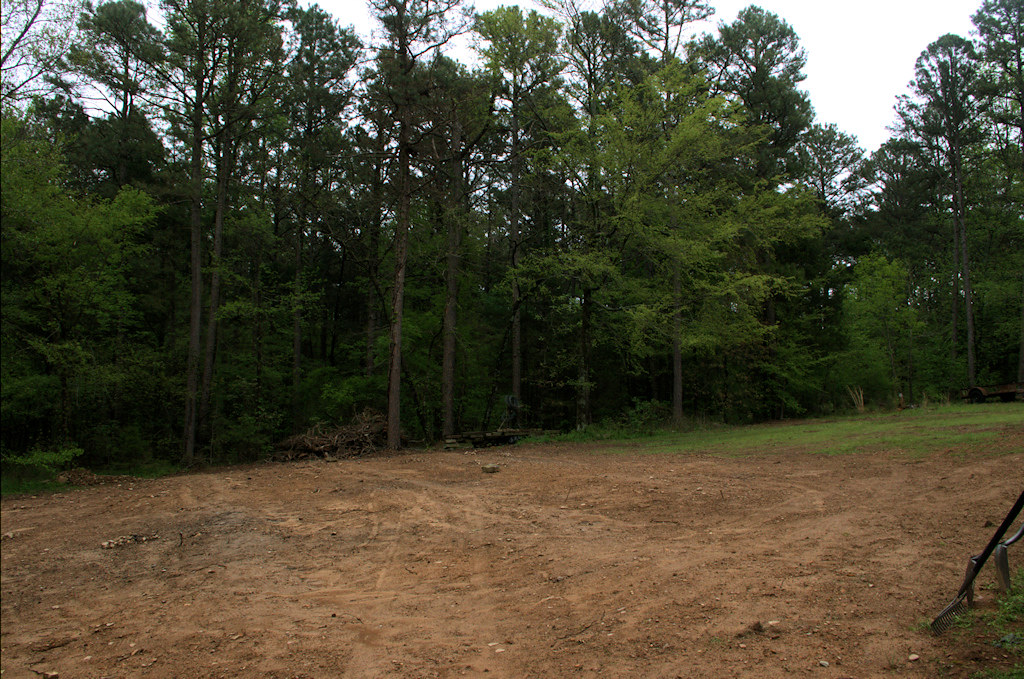 Sloping backyard after earthwork, tree removal and septic line work, southern Ozarks, west-central Arkansas April 22, 2018 (Pentax K-3 II)