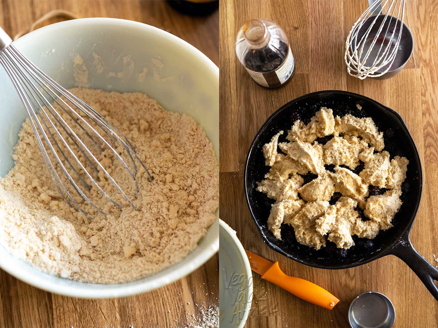 image collage of mixing biscuit dough and raw dough on cobbler