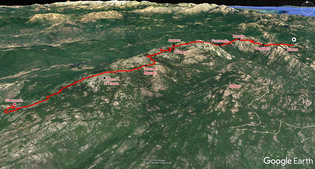 Photo 3D Google Earth de la Cagne avec le trajet Bitalza - Giannucciu du 10/07/2018