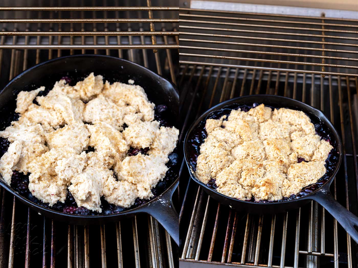 Cobbler in skillet on grill, before and after cooking.